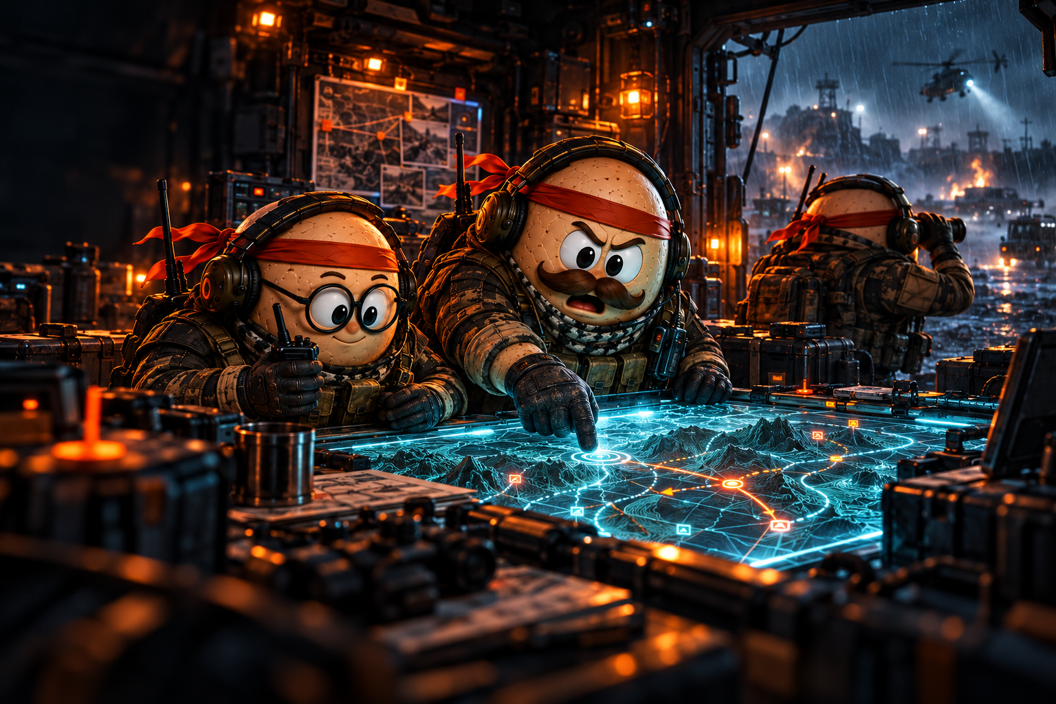 EIA-Squad plant einen Battlefield-Einsatz an einem beleuchteten Kartentisch