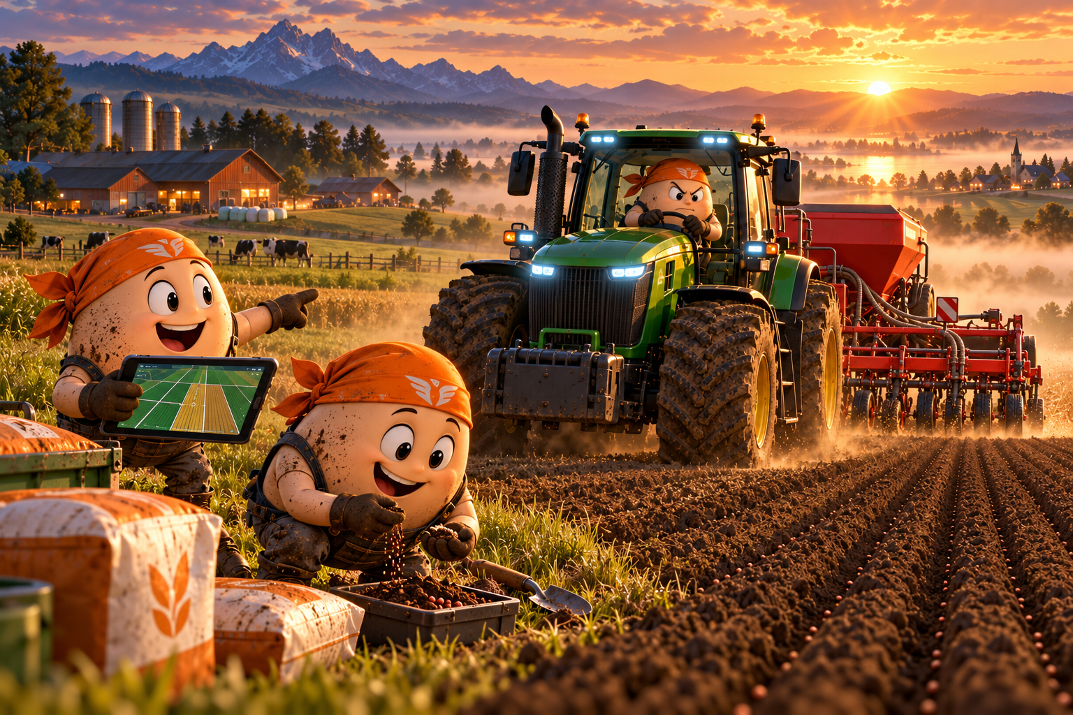 Drei EIA-Landwirte koordinieren bei Sonnenaufgang Aussaat und Feldplanung