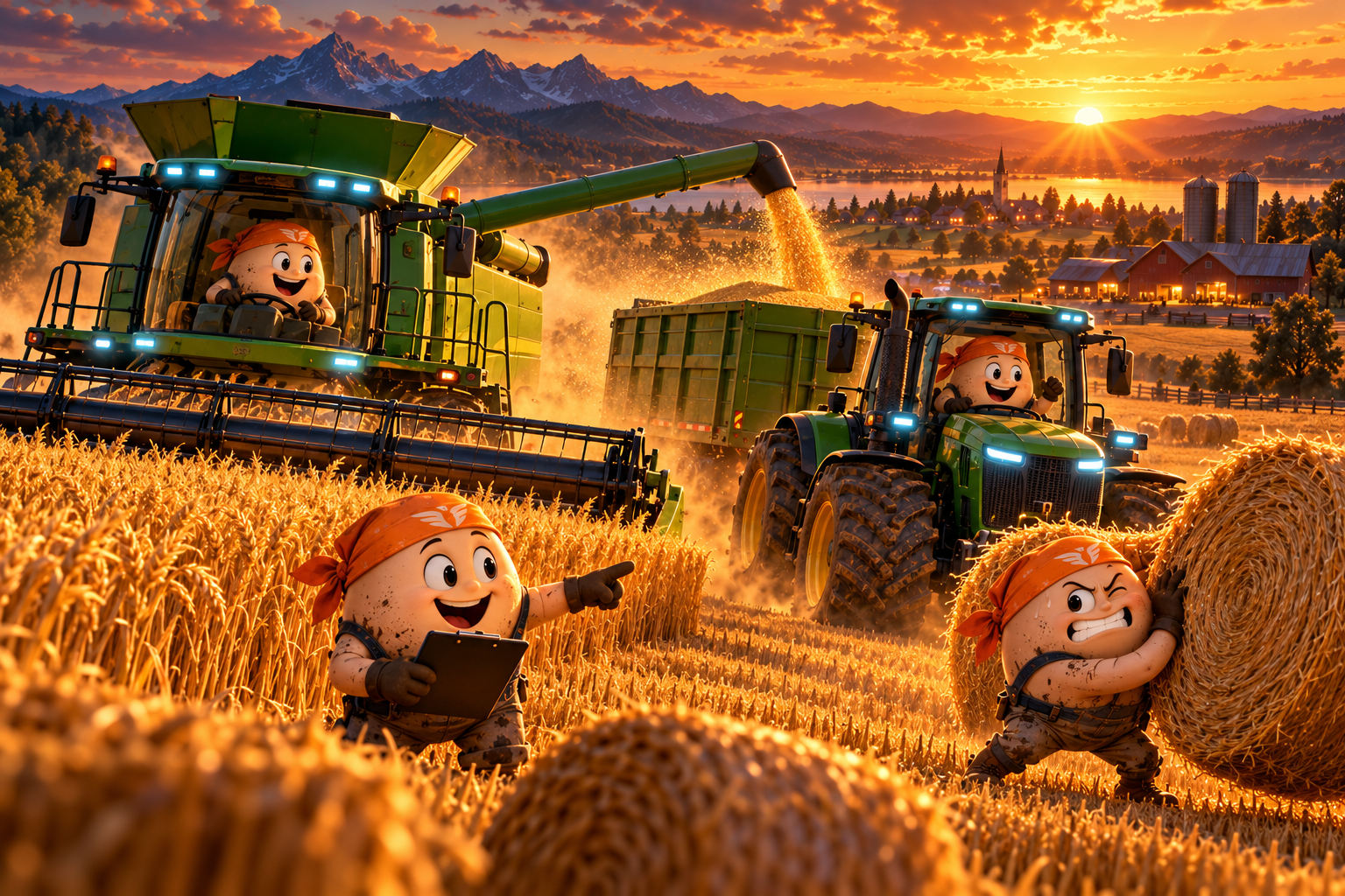 Vier EIA-Landwirte koordinieren Mähdrescher, Traktor und Ballen bei der Getreideernte