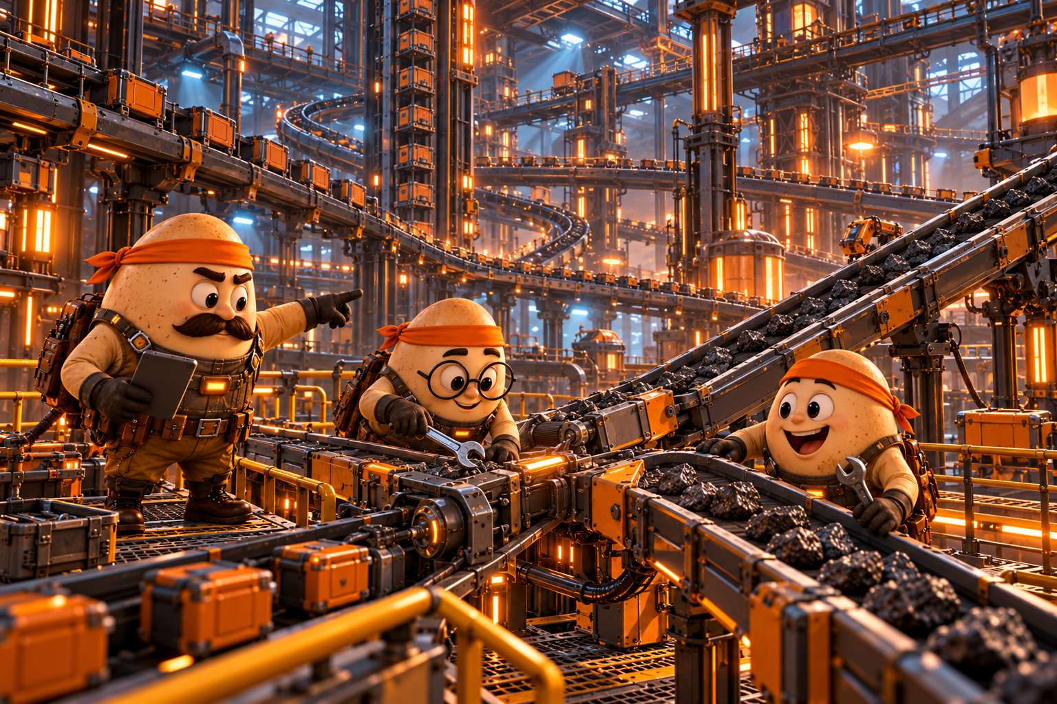 EIA-Mechaniker arbeiten zwischen vielen orange beleuchteten Förderbändern
