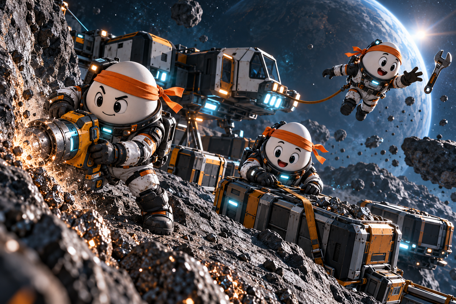 Drei EIA-Weltraumingenieure bergen gemeinsam Ressourcen auf einem Asteroiden